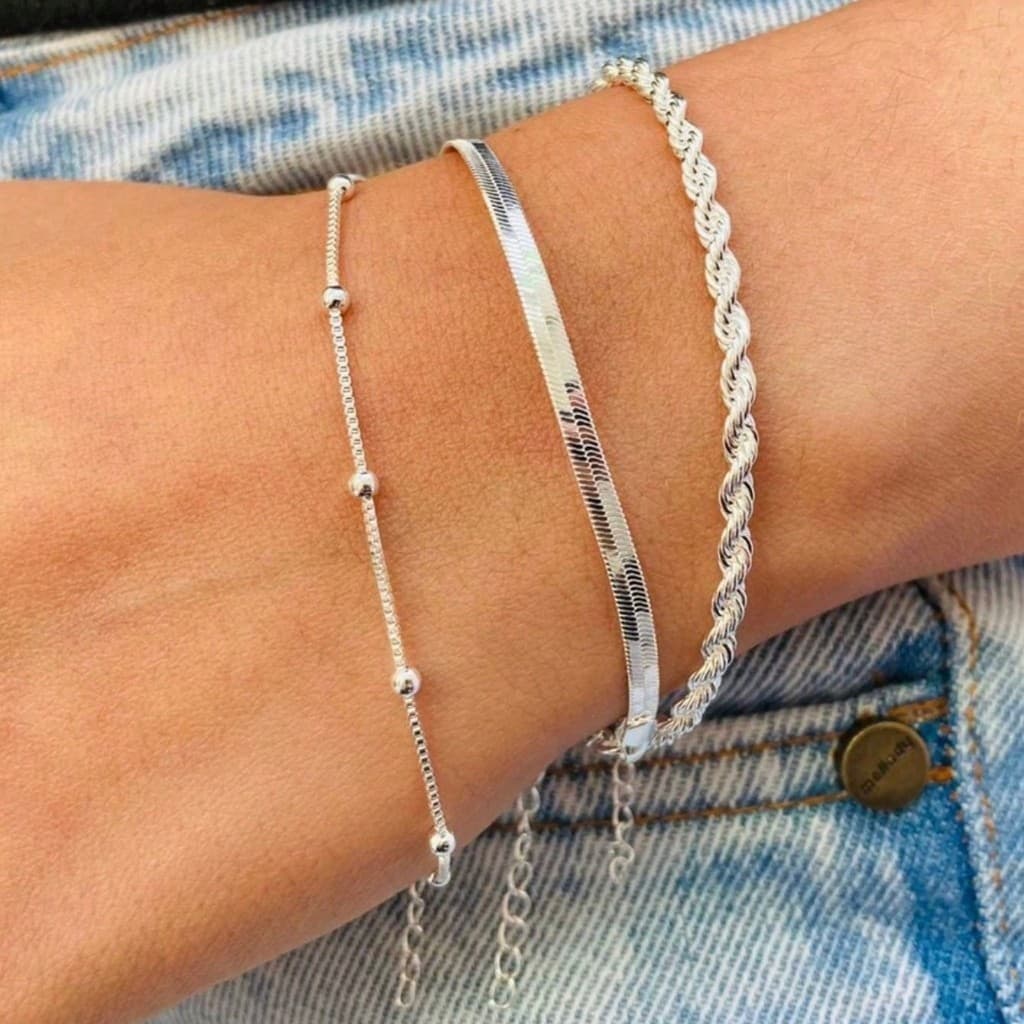 Kit 3 Pulseiras Prata 925 Folheada Cordão Baiano Fio Liso Metalizada Conjunto Pulseira Feminina de Bolinha