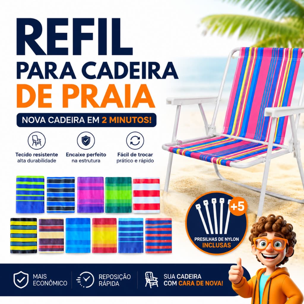 Kit Tela Refil Tecido Reposição Cadeira de Praia - Troca Fácil e Rápida Suporta até 120kg