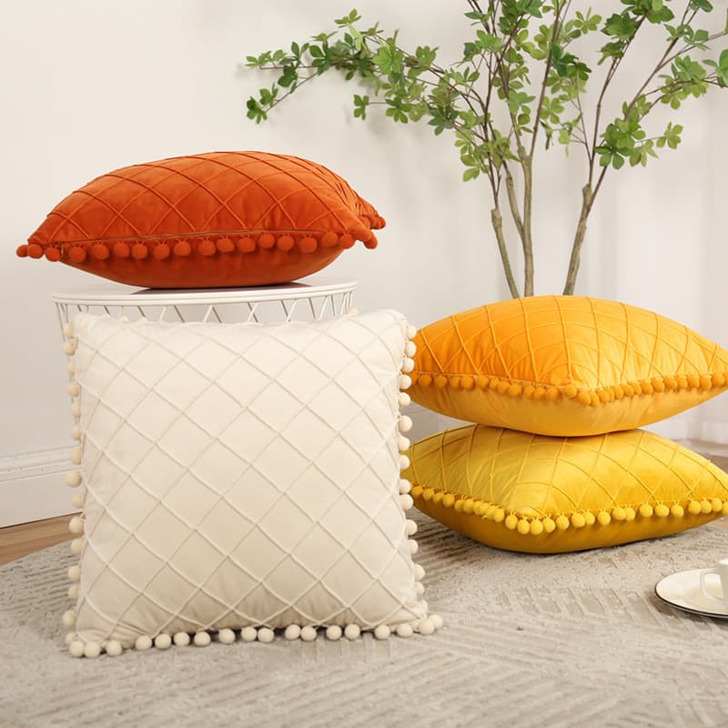Almofada de pelúcia de cor sólida, capa de almofada em tecido de veludo com padrão de diamante e pom-pom, almofada para