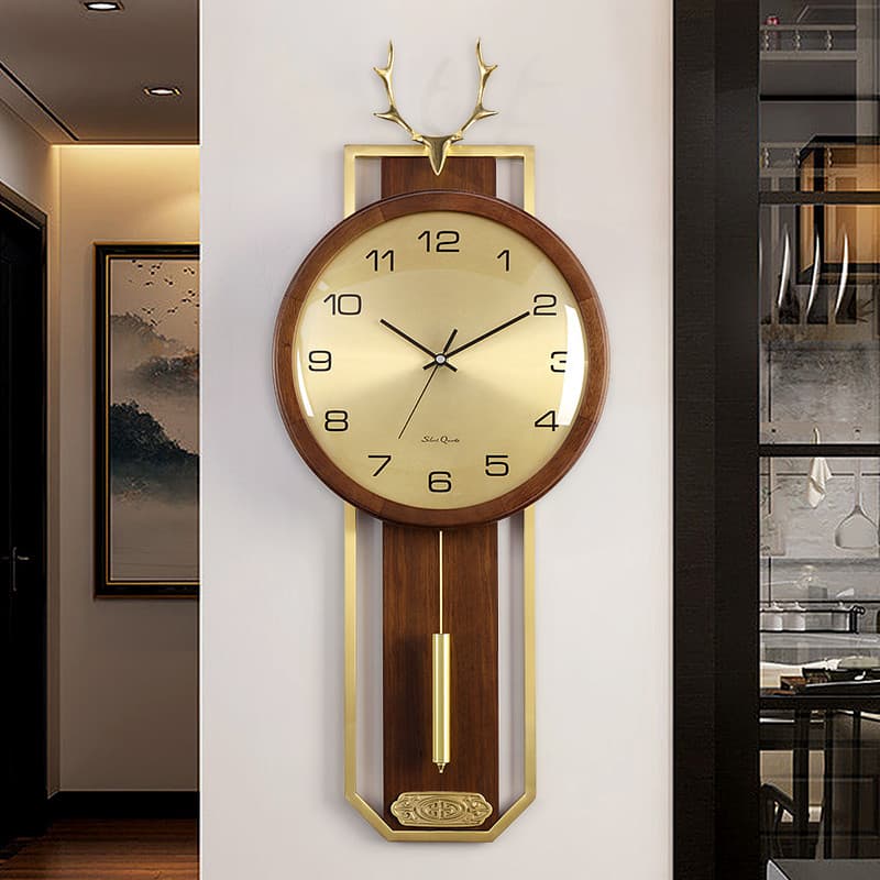 Novo relógio de parede chinês sala de estar madeira maciça latão Elk decorativo relógio de parede mudo relógio de quartz
