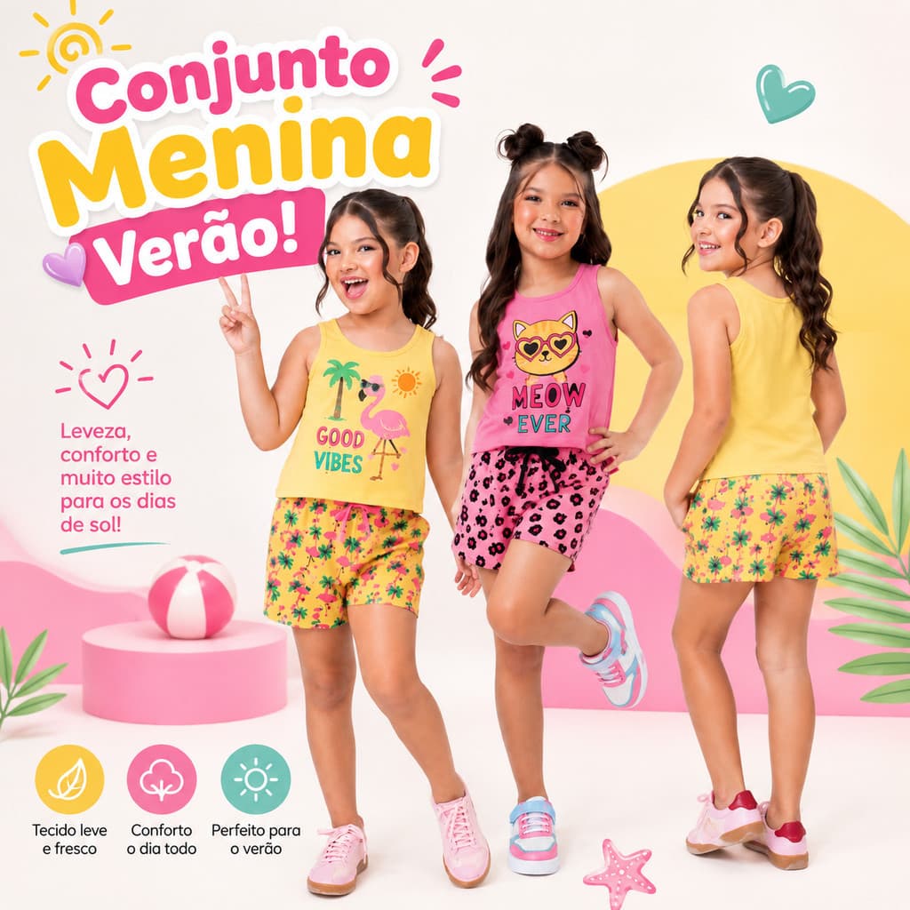 Kit Conjunto Infantil Menina Verão Blusa e Short Algodão Estampas Sortidas 1 ao 14