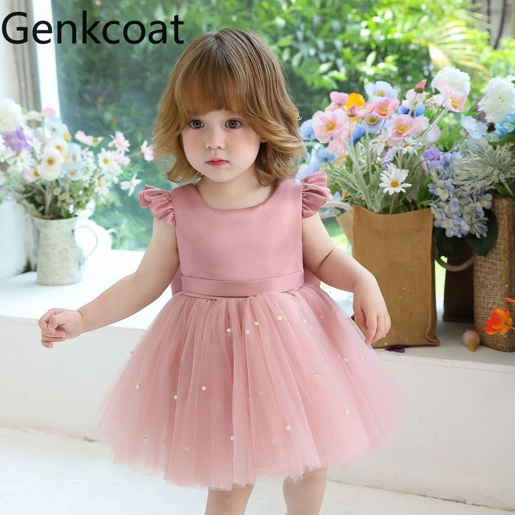 Meninas mangas voadoras gaze Pettiskirt bebê aniversário um ano de idade vestido de princesa flor menina vestido de casa