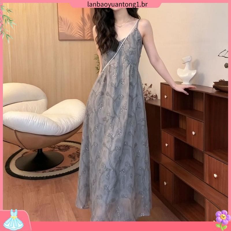 High-End atmosfera cinza bordado lantejoulas estilingue vestido feminino 2026 verão com decote em V cintura estreita mai
