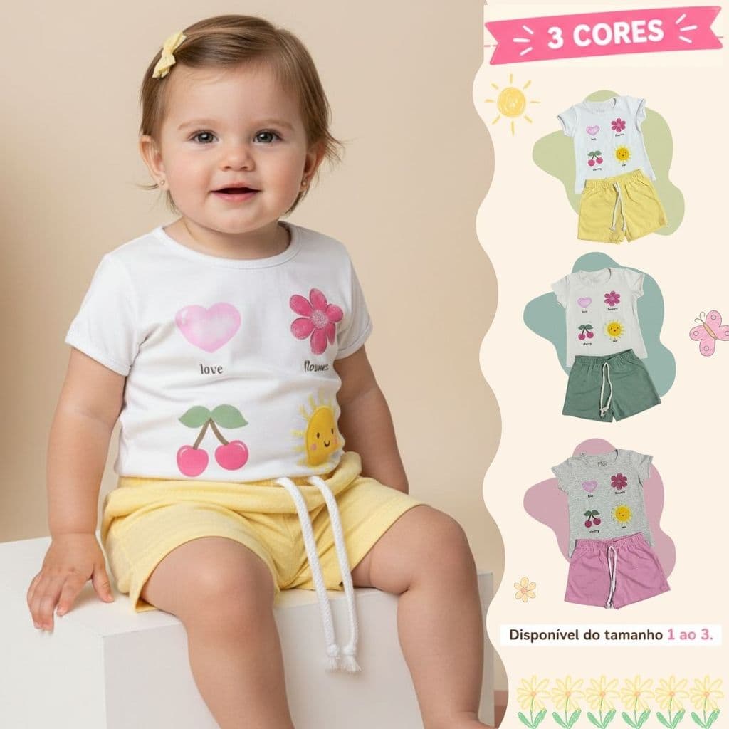 Conjunto Infantil Menina Blusa Shorts Casual Roupa Estampada Bebê Moda Verão Passeio Confortável