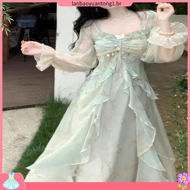 Francês puro desejo estilo puro desejo princesa vestido longo fada mancha beira-mar folha de lótus férias nebuloso vesti