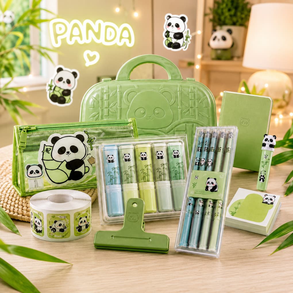 Kit Papelaria Panda 12 Peças Volta às Aulas Presente Dia das Crianças com Estojo Caderno Caneta Marca-Textos e Adesivos