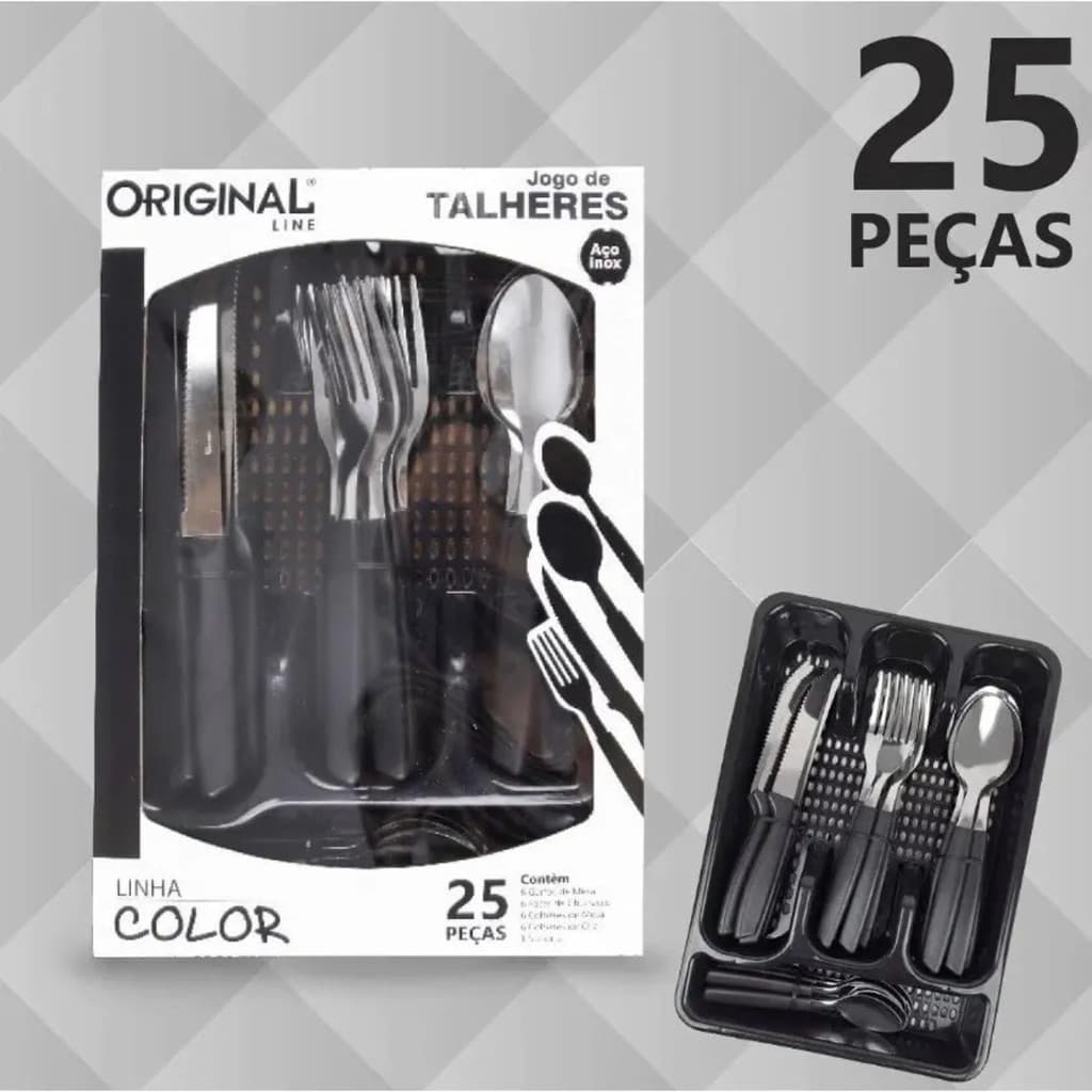 Faqueiro Inox Jogo De Talheres Porta Talheres Com 25 Peças Cor Preto