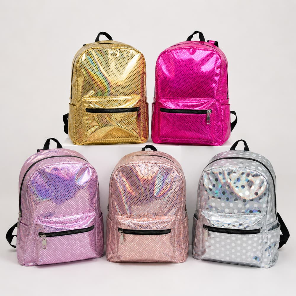 Mochila Glitter PVC Feminina Pequena Brilho Holográfica Fashion Casual Cor Iogurte Blush e Prata