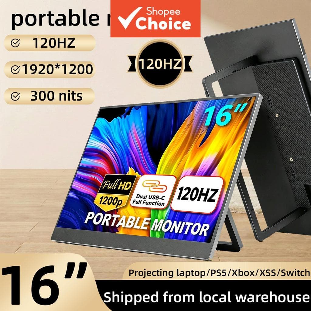 Monitor portátil de 16 polegadas 120Hz 1,5K HD com suporte integrado, furos VESA 75 x 75 mm, compatível com