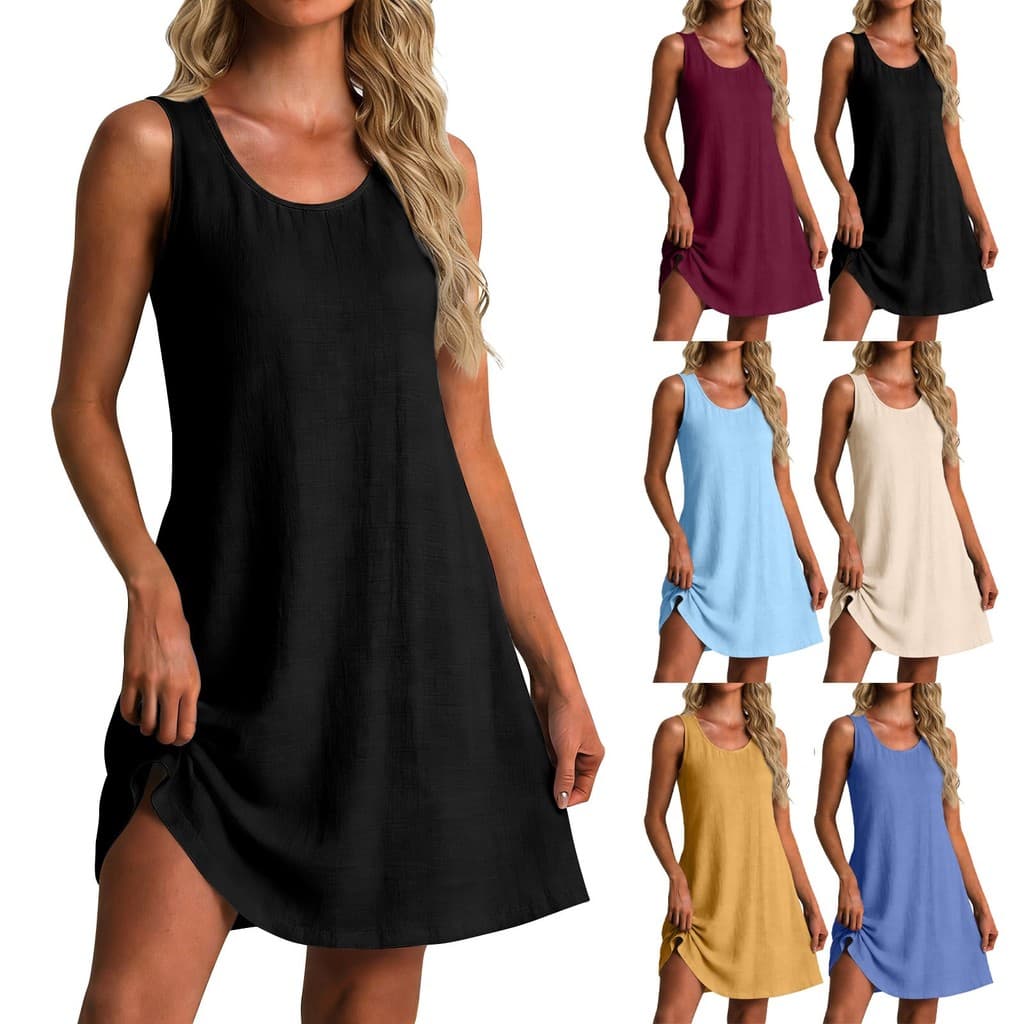 Novo Vestido Feminino de Verão 2026, Solto, Decote em V, Sem Mangas, em Algodão e Linho