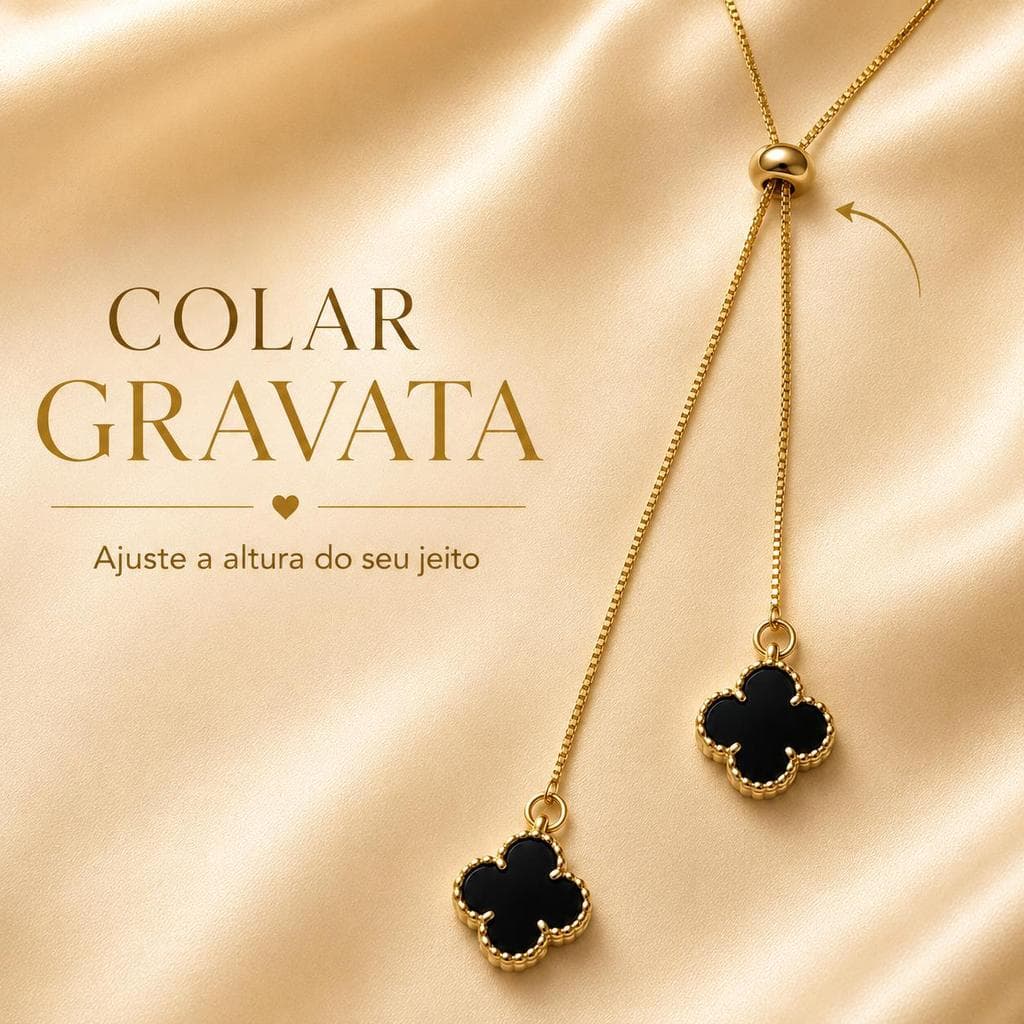 Colar Gravata Feminino Regulável Dourado com Pingente Trevo Preto