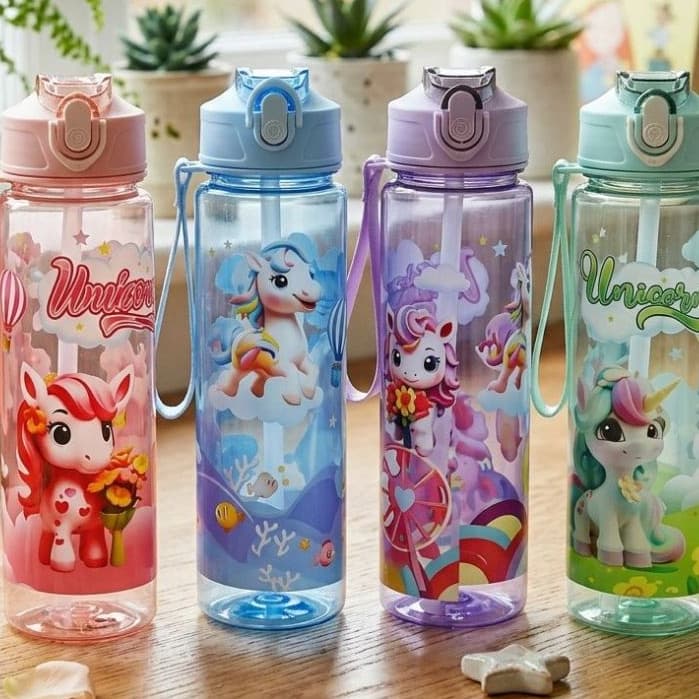 Garrafa de Água Infantil 700ml Unicórnio com Canudo de Silicone – Tampa com Fecho e Alça para Escola C4C3