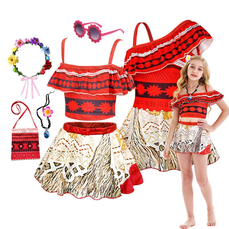 Conjunto de Fantasia de Princesa Inspirado no Oceano para Meninas, Estampa Tribal, Design Ombro a Ombro para Festa de Ca