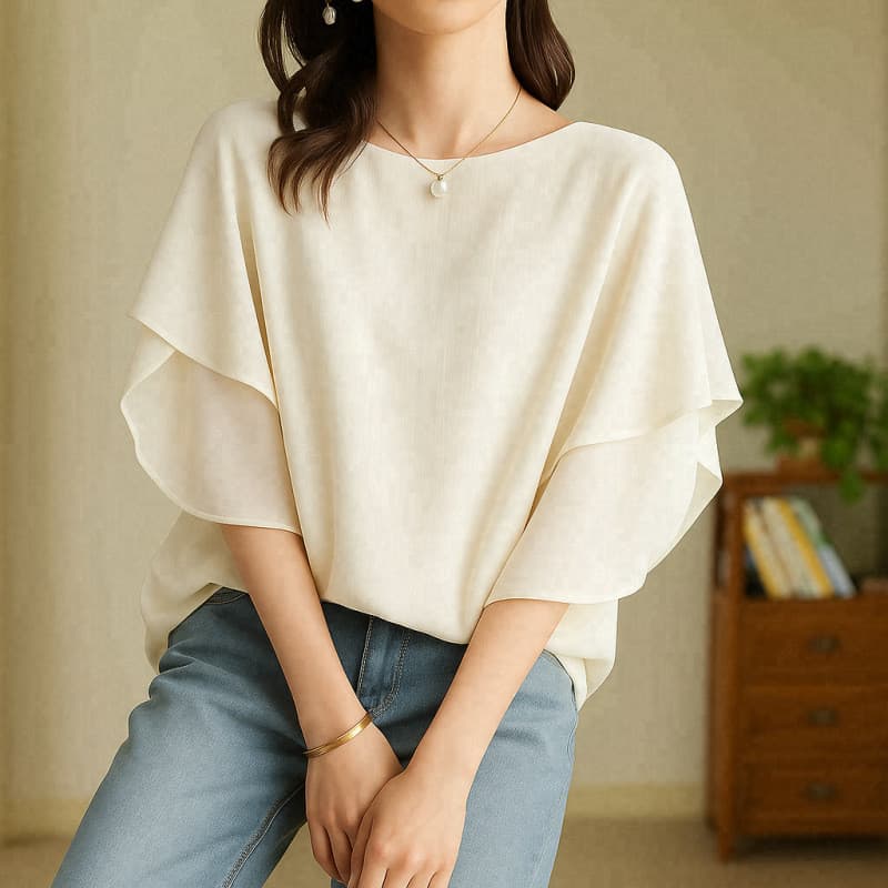 Camisa feminina leve de Chiffon de manga curta morcego solta em torno do pescoço Casual All-Match Top feminino