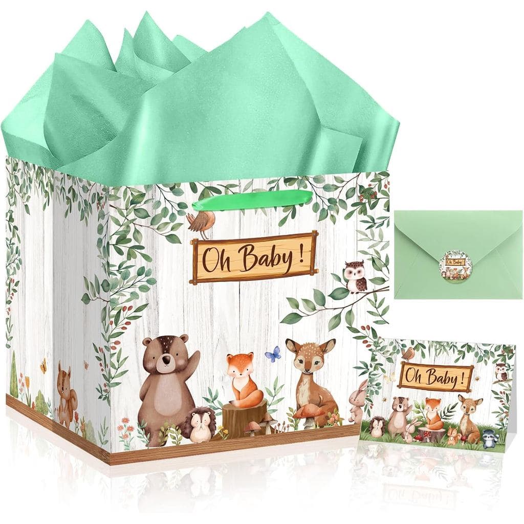 Extra Large Baby Gift Bags, Woodland Animal Baby Shower Square Gift Bag Jumbo Gifts Bag with Wrapping Paper Card Sticker