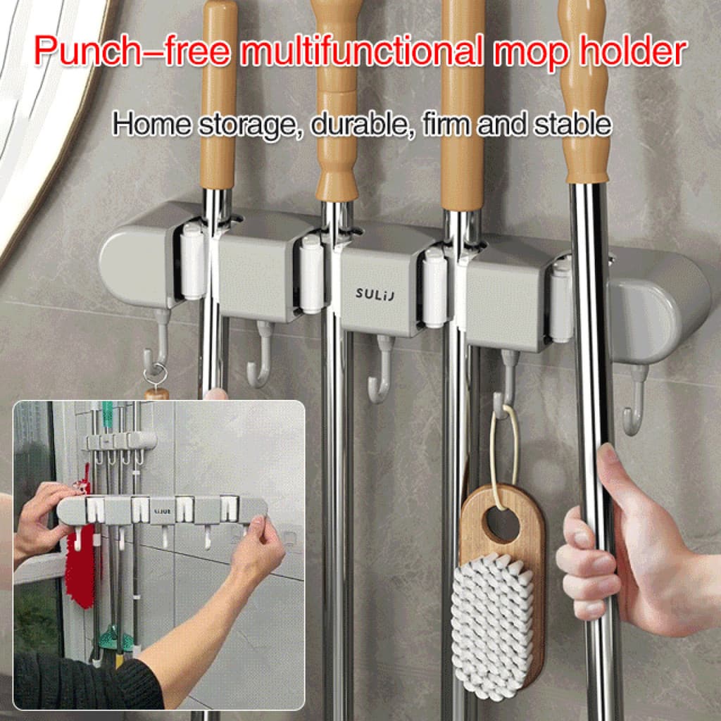 [Easy To Install] X23032302Fc No Drill Multi-Function Mop Holder/Bathroom Hook/Wall Mounted Storage for Bathroom/Kitchen