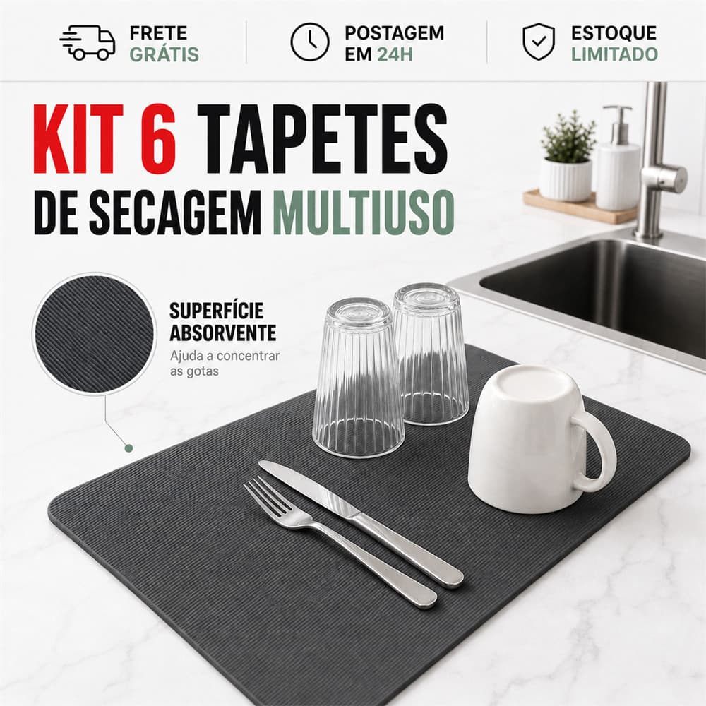 6x Tapete Escorredor Absorvente 20x30cm para Louças Copos Talheres Pia e Bancada