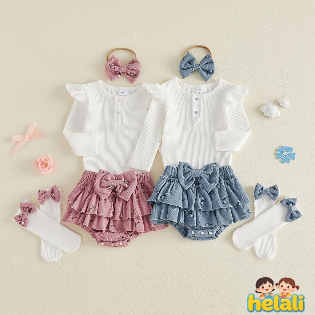 [Heli] Conjunto De Outono Para Bebês Meninas , Macacão Canelado De Manga Comprida E Shorts Em Camadas Florais , Faixa De