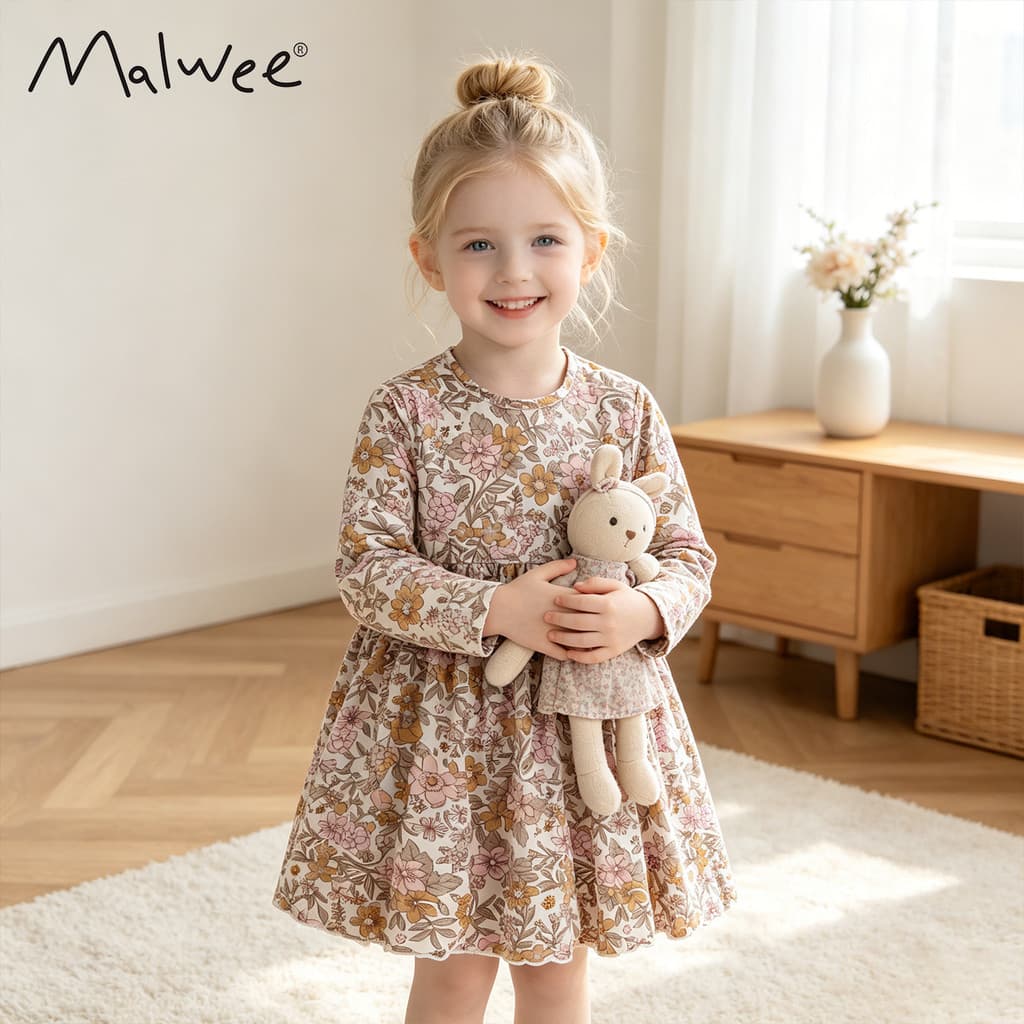 Vestido infantil de outono da Malwee, elegante e fofo, estilo princesa para bebês e crianças.
