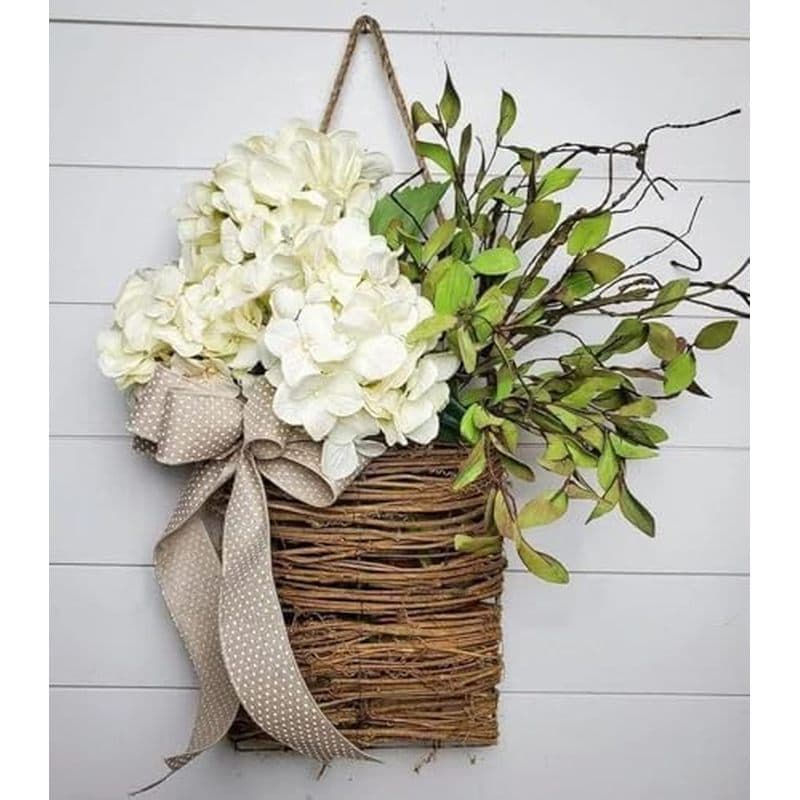 Grinalda De Cesta De Hortênsia Creme-Decoração De Porta Frontal De Primavera Com Vime & amp ; Arco De Serapilheira , Gui