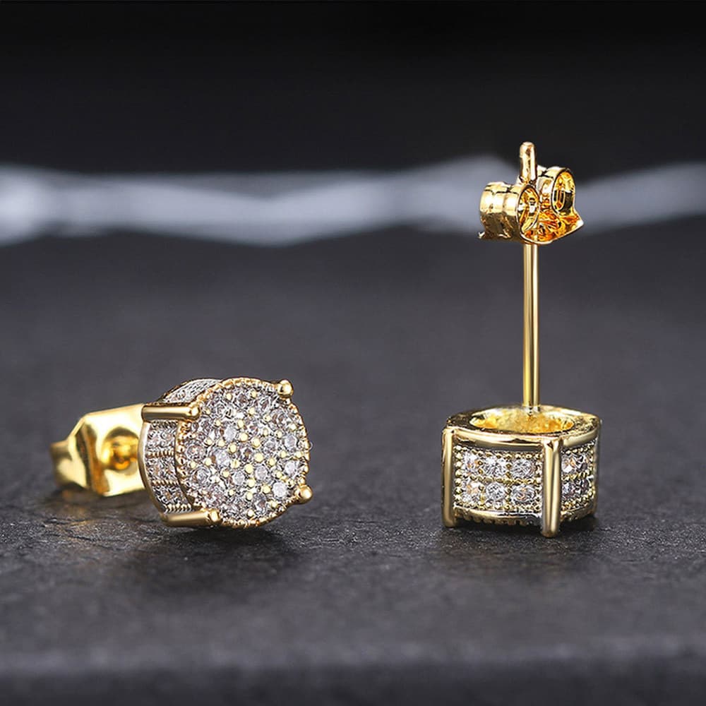 Brincos redondos masculinos estilo Hip Hop, Mini zircônia incrustada, Material banhado a ouro, liga banhada a ouro, pres