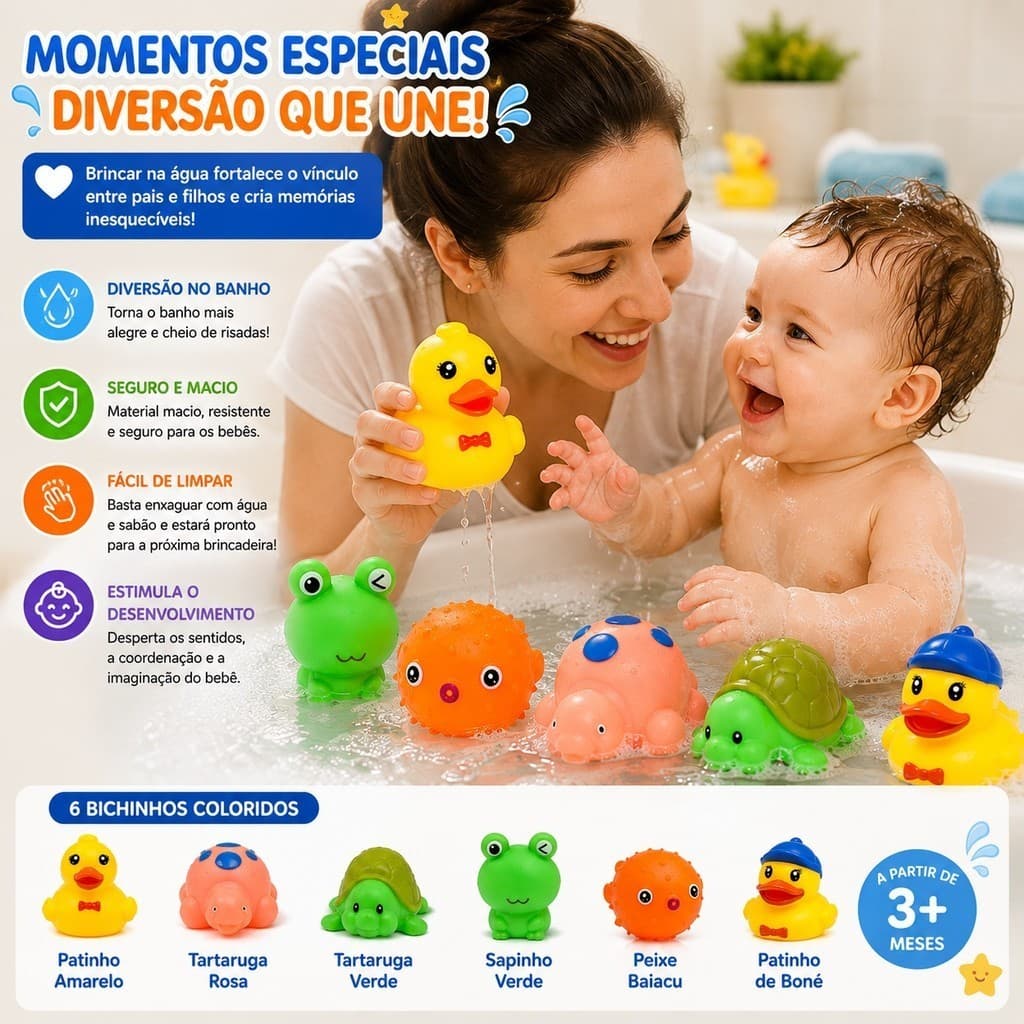Kit 6 Brinquedos de Banho para Beb Bichinhos Coloridos Flutuantes Infantil para Banheira