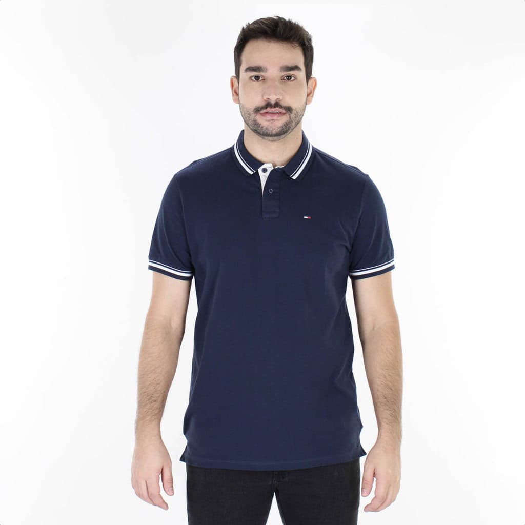 Camiseta Polo Tommy Regular Tipped Azul Marinho - Masculino