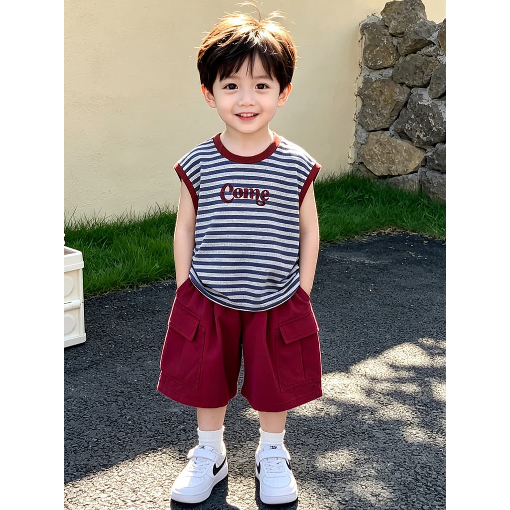 Meninos terno de verão 2026 novo estilo crianças listrado colete Shorts roupas de verão do bebê meninos roupas elegantes