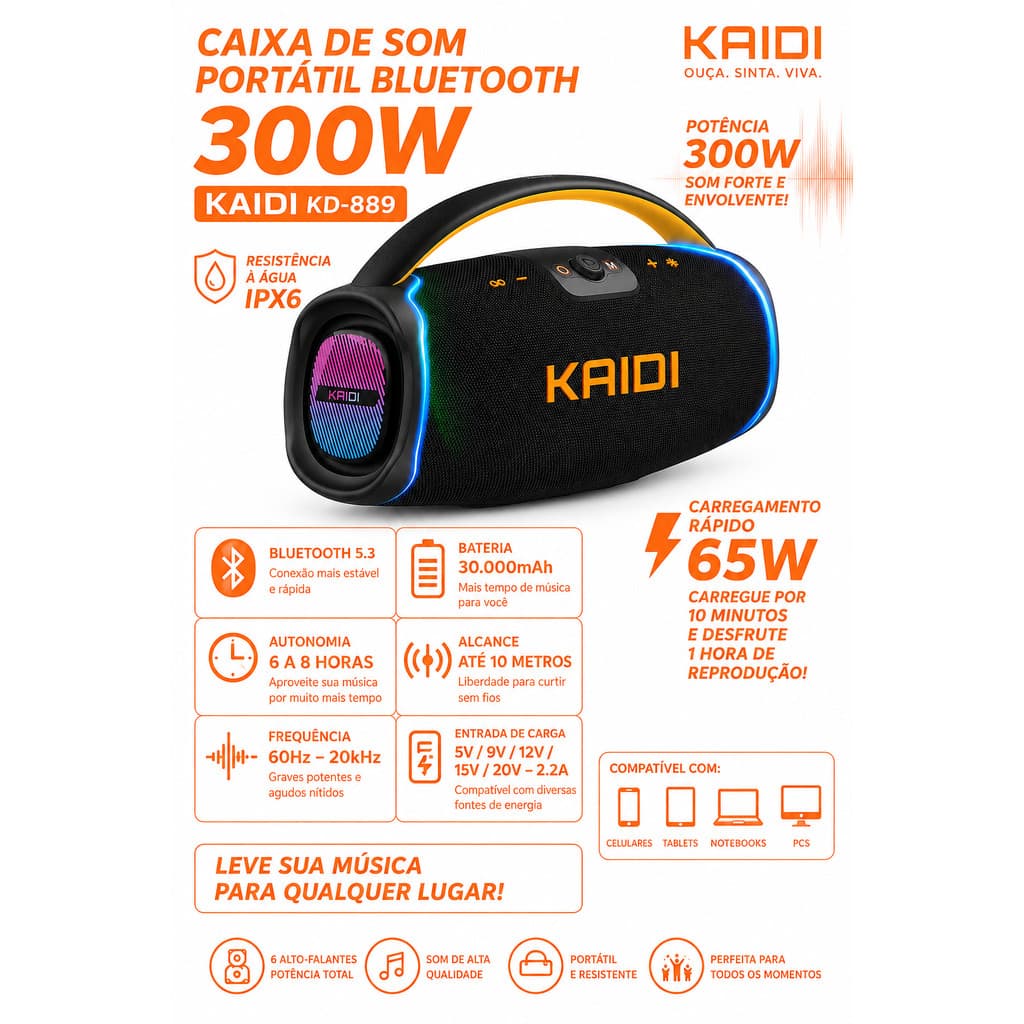 Caixa De Som Bluetooth 300w Graves Potentes 30000 Mah Ipx6