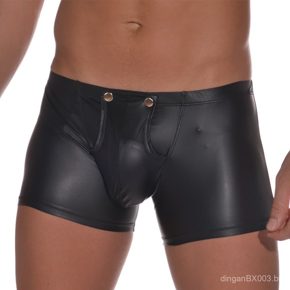 Cuecas boxer masculinas de couro PU, roupa íntima de couro sintético, cuecas com design U-convexo, cuecas com botões rem