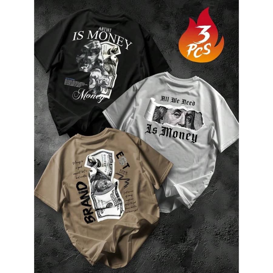 KIT 3 CAMISETA Masculina Algodão Adulto Plus Size Casual Streetwear Estampado Dinheiro Money GranaDolar