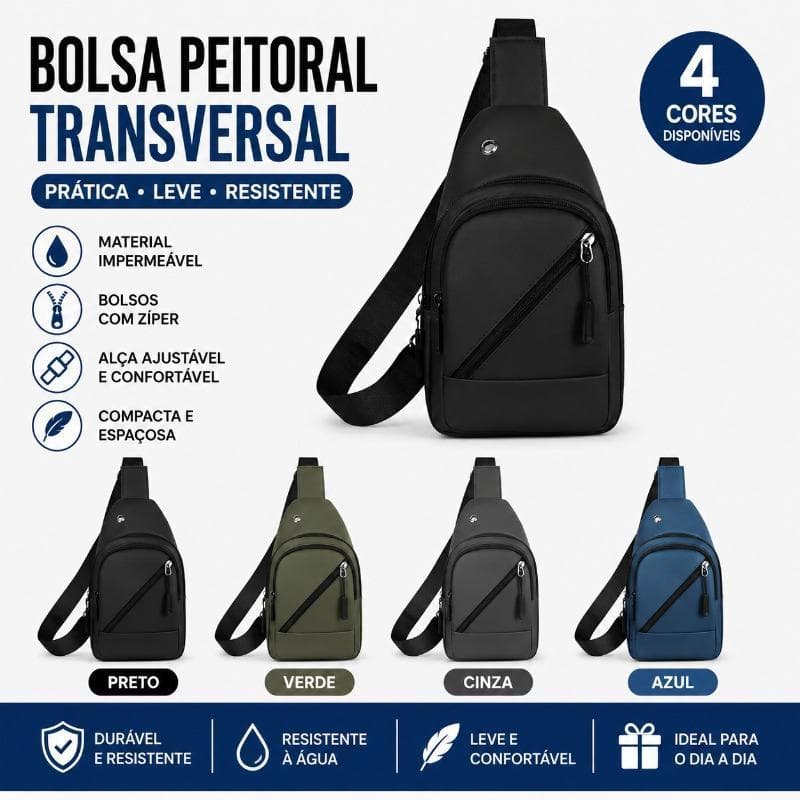Bolsa Peitoral Transversal Masculina Multifuncional com Vários Bolsos, Alça Ajustável