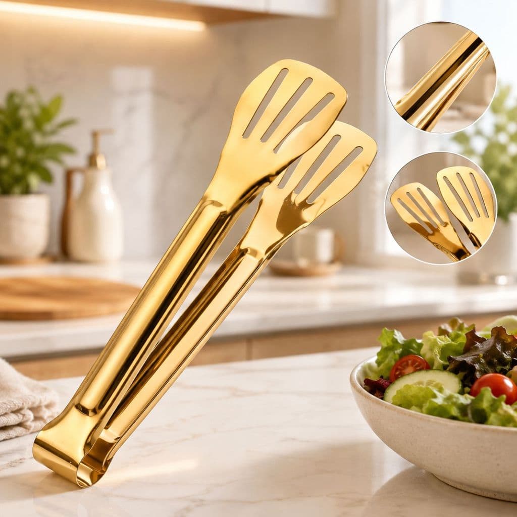 Pegador Multiuso Inox Dourado 28cm Premium Cozinha Salada Churrasco Massa Resistente
