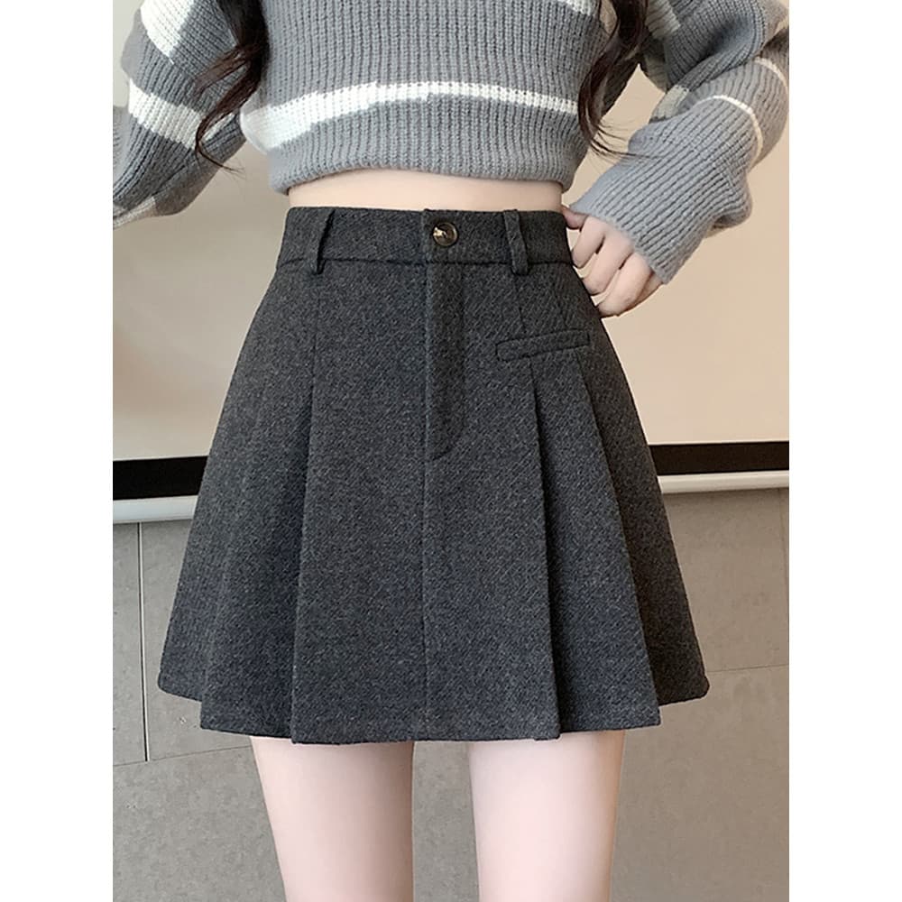 Saia de lã cinza feminina outono inverno novo estilo cintura alta capa cruz grossa a linha saia pequena plissada Casual