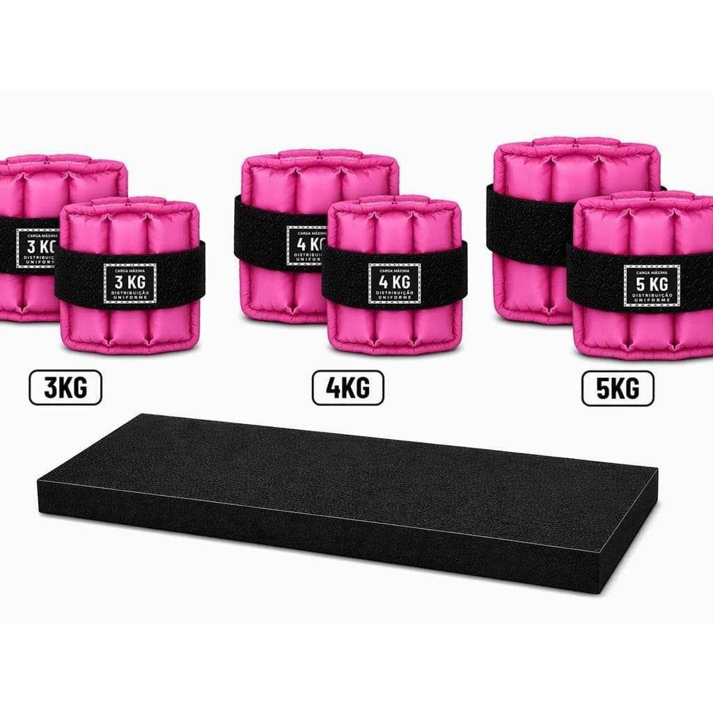 Kit 3 Pares Caneleiras Rosa 3kg 4kg 5kg + Colchonete Preto 90x40x3cm Academia Musculação Treino