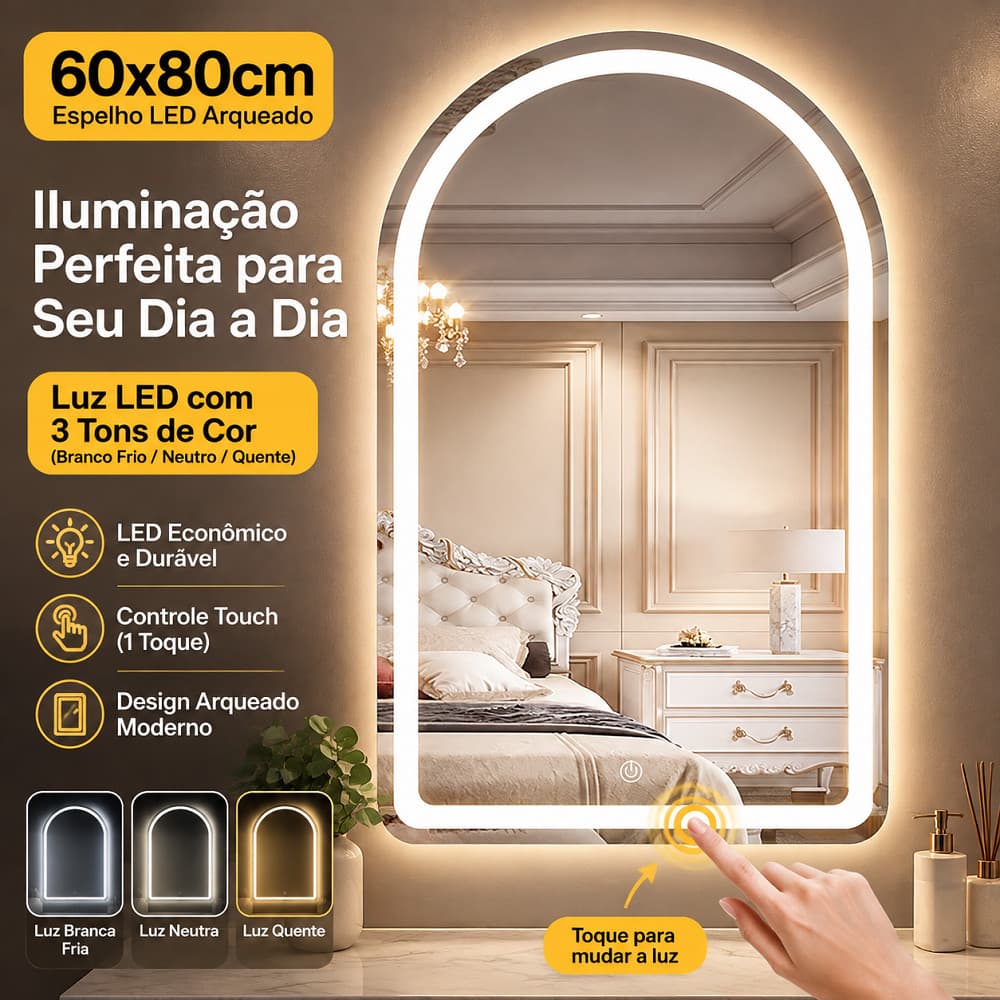 Espelho Decorativo LED de Mesa, Iluminação 3 Cores, Design Moderno para Quarto