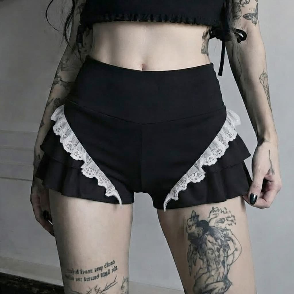 Calças Femininas Com Emenda De Borda Babados , Cintura Baixa , Linha A , INS , Personalidade casual , Moda Escura , shor