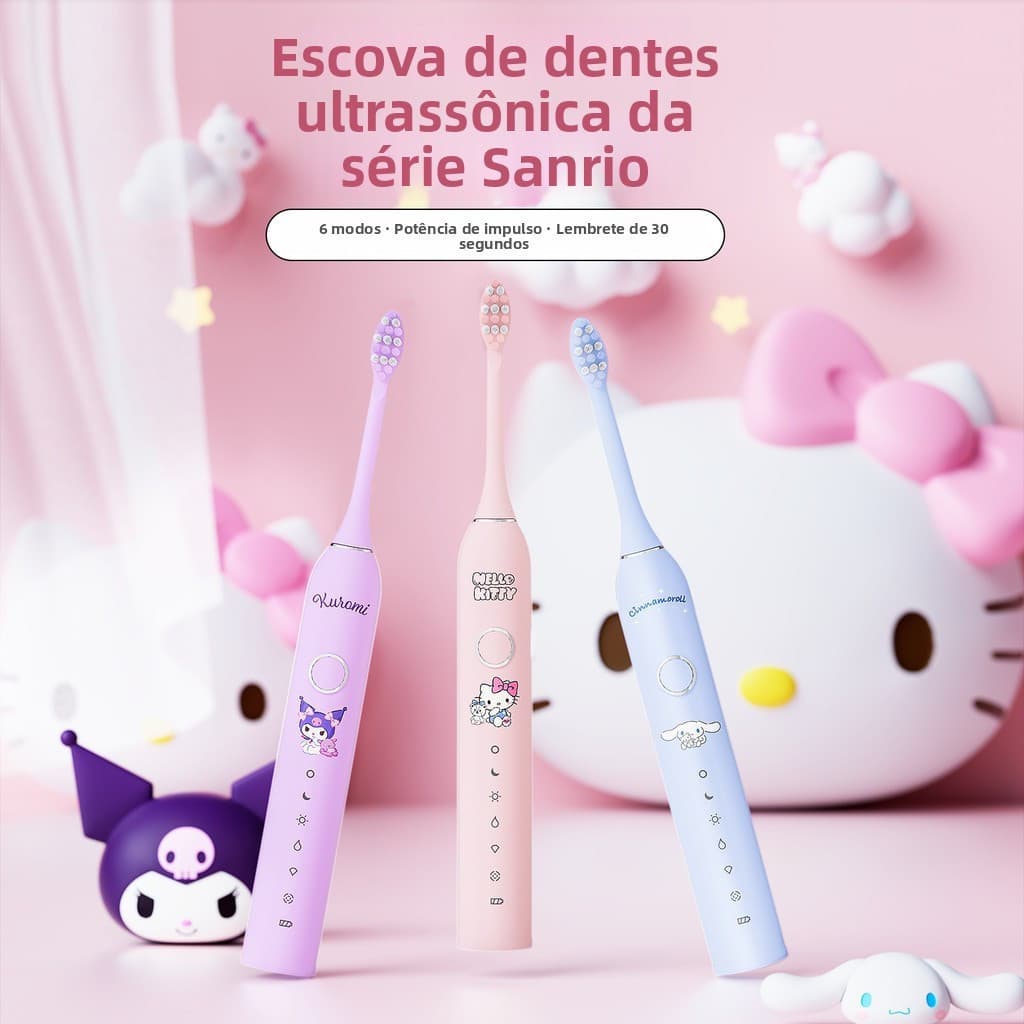 As muito populares escovas de dentes elétricas Hello Kitty, Kuromi e Cinnamoroll vêm com cabeçotes de reposição.