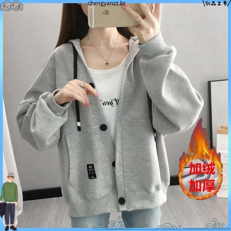 Forro de lã engrossado novo estilo moletom feminino versão coreana Cardigan estilo ocidental Casual solto All-Match senh