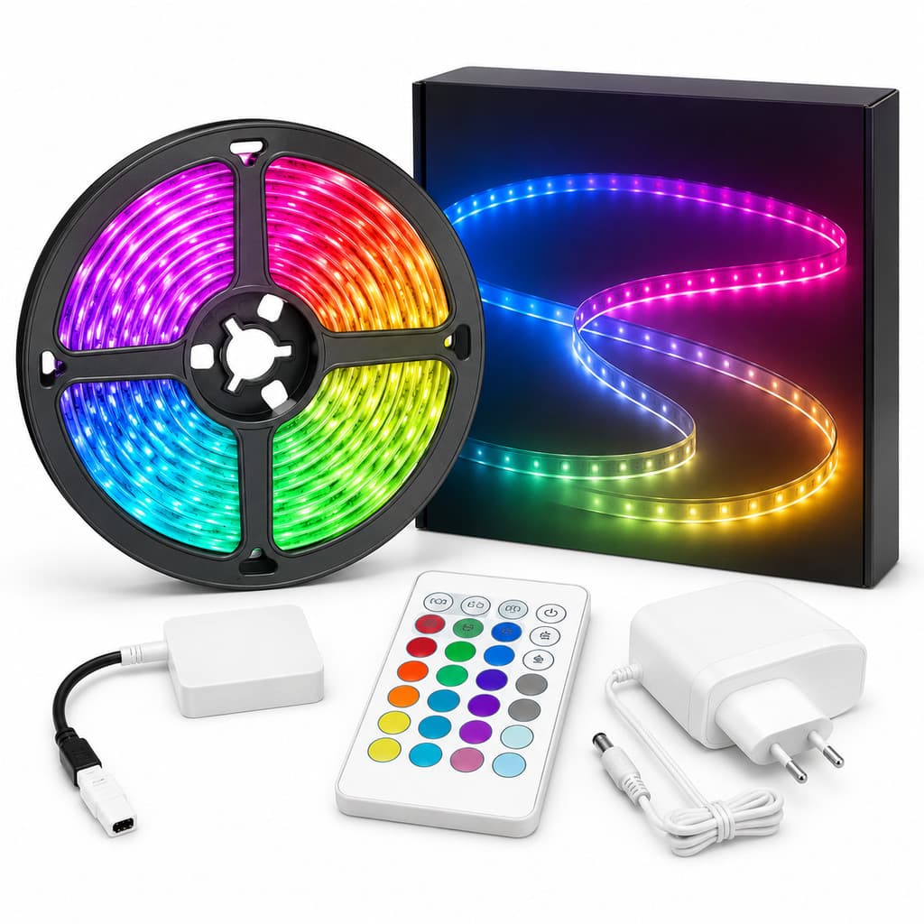 Fita LED RGB Colorida 5050 com Controle Remoto, Iluminação para Decoração de Quarto, Sala e Ambientes, Fonte Inclusa
