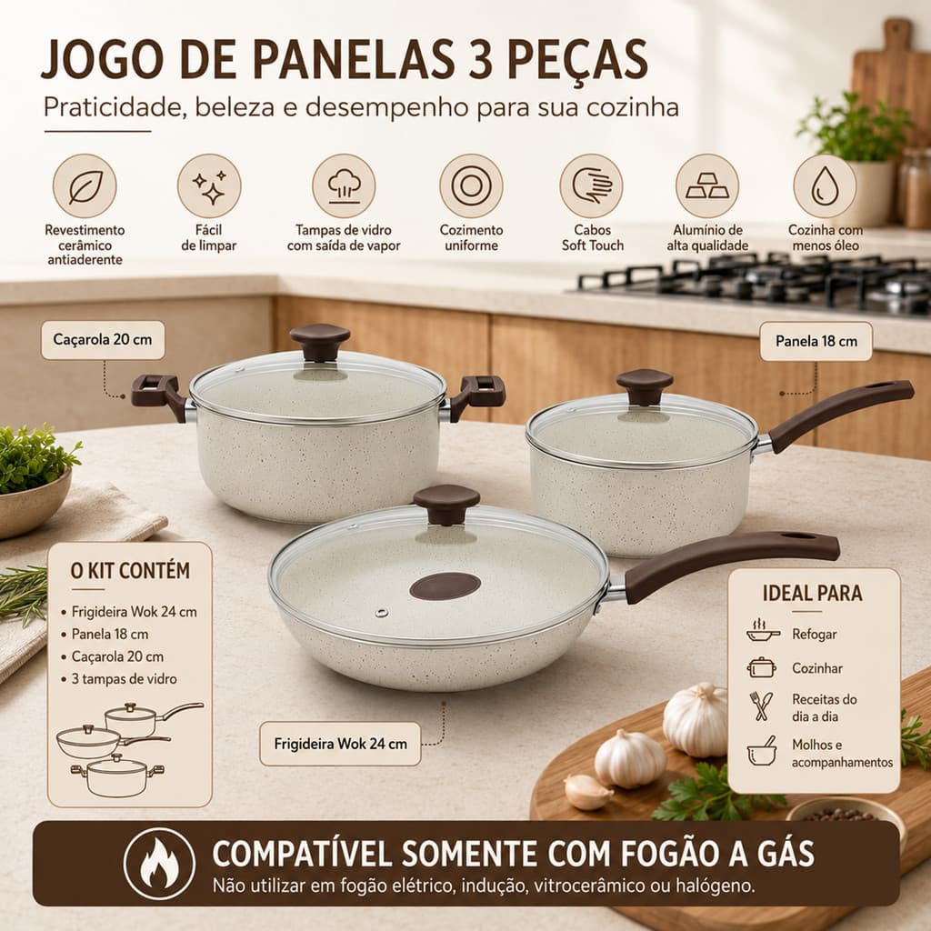 Jogo de Panelas Rocca Bege 3 Peças Teflon Antiaderente com Panela Caçarola Wok 24cm e Tampas de Vidro
