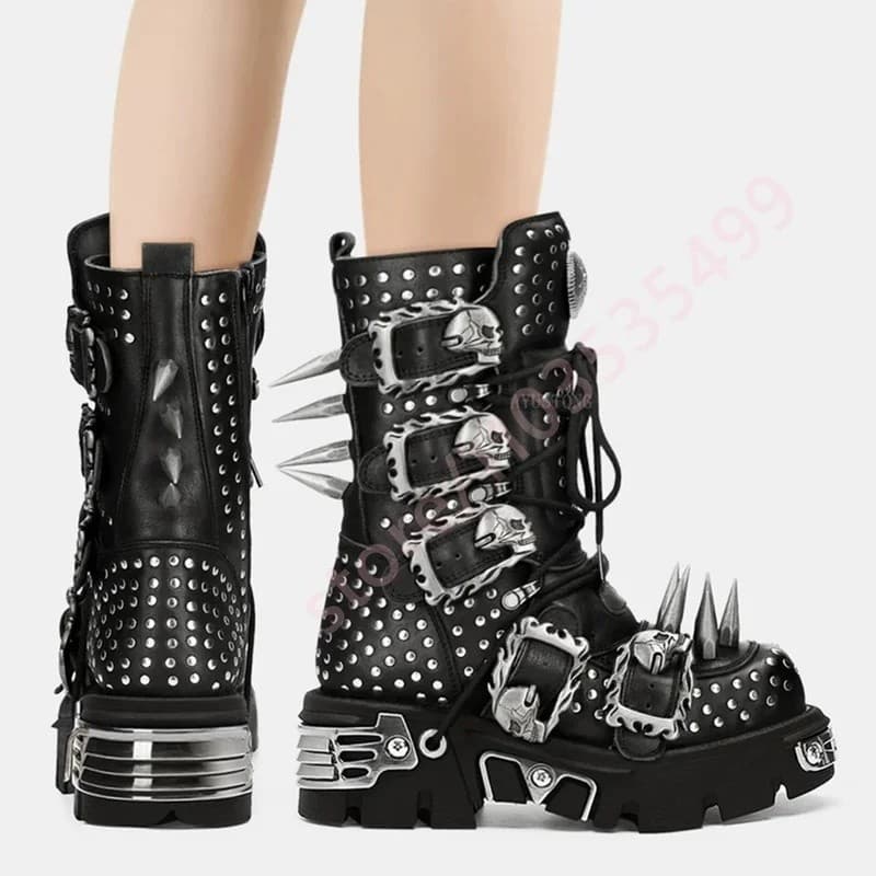 Botas de Motociclista Tank Metal Rivet Rock, Botas Góticas com Fivela de Cinto Redonda Estilo Street Punk, Botas de Stra
