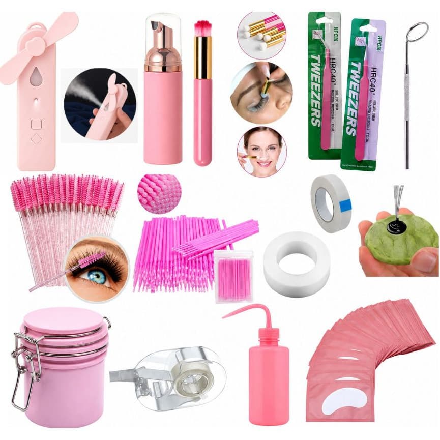 Kit Completo Treino Extensão Cílios Profissional Ventilador e Nano Pinça Porta Colas