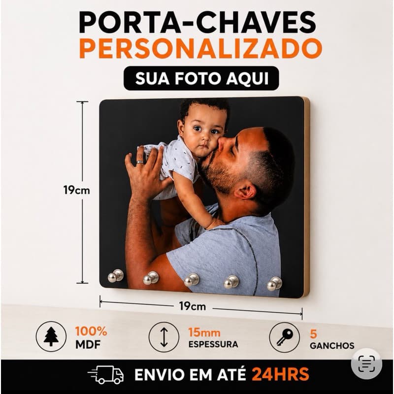 Porta Chaves Personalizado com Foto 5 Ganchos MDF 15mm 19x19cm
