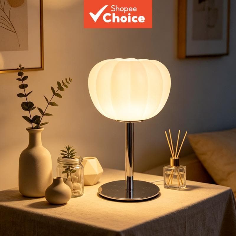 Luminária de mesa com abajur de plástico em forma de abóbora branca e base metálica preta. Luminária de LED alimentada