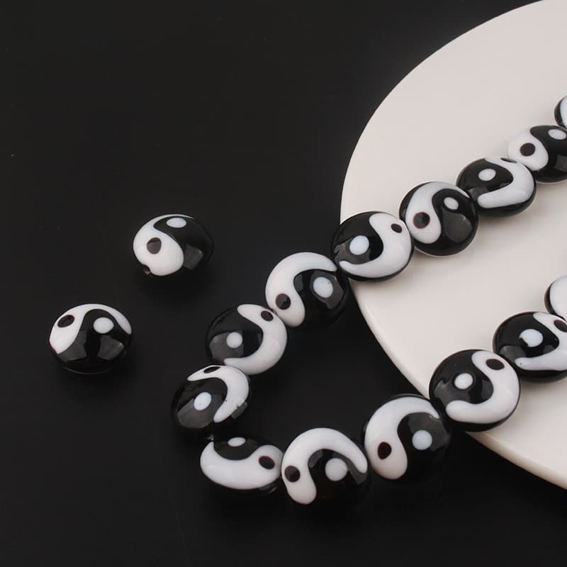 Chinês antigo pintado à mão cerâmica preto branco Tai Chi contas redondas DIY acessórios de jóias pulseira frisada mater