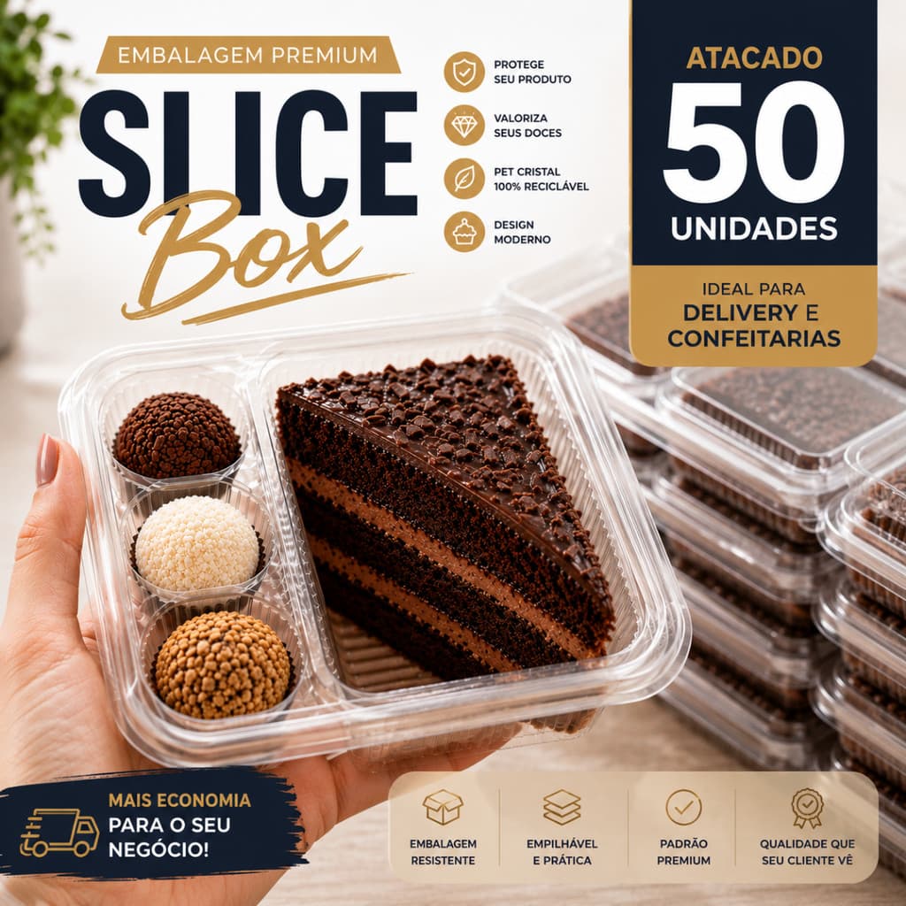 Porta Fatias + 3 Docinhos Slice Box 50Un Embalagem Transparente para Bolo e 3 Doces Confeitaria Festa Descartável