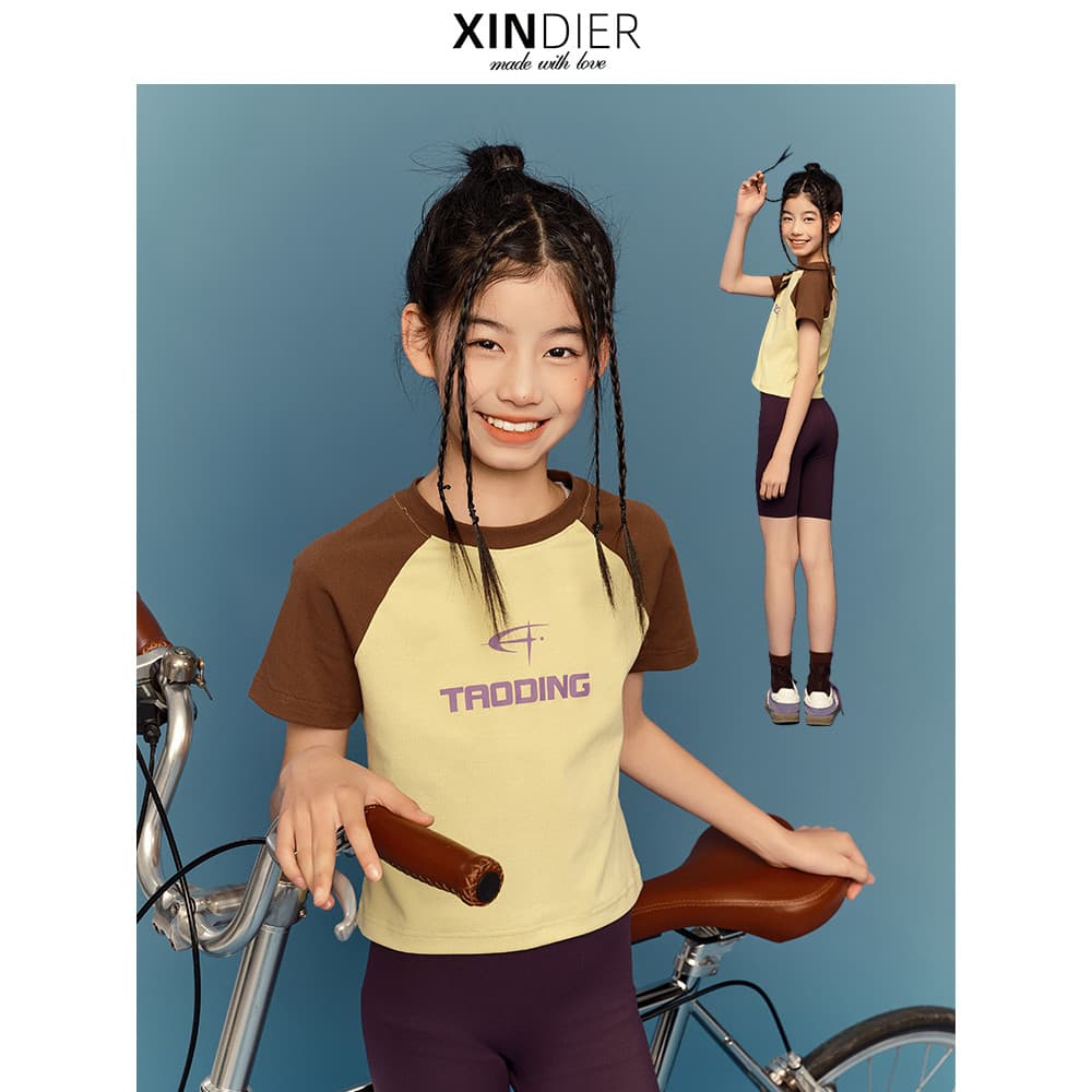 Xindier [Explore Self] Meninas Cor Combinando Manga Curta Primavera Verão Casual Cool Feeling Frente Ombro Camiseta Curt