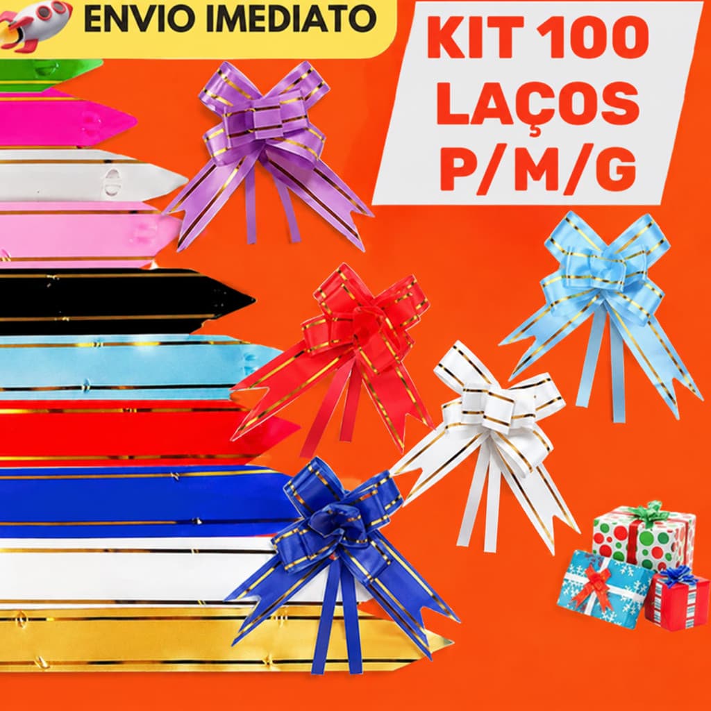 100 Laços Fácil Mágico c/ Filete Dourado P/M/G – Presente – Cores Variadas