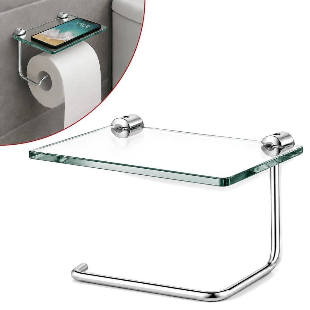 Porta Papel Higiênico com Prateleira de Vidro 6mm para Celular Banheiro Incolor ou Fumê
